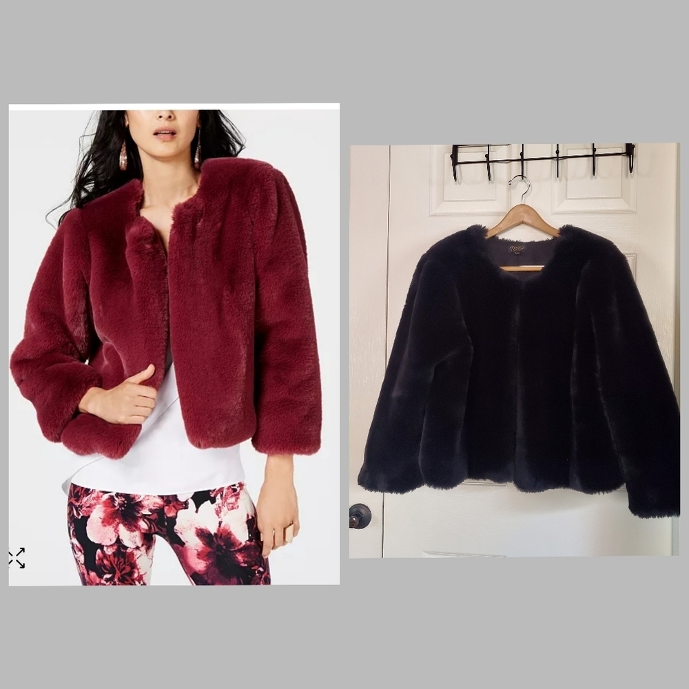 Thalia Sodi Faux Fur‎ Black Jacket Crop A-line 3/4 Sleeve Hook & Eye Mod Wife XL